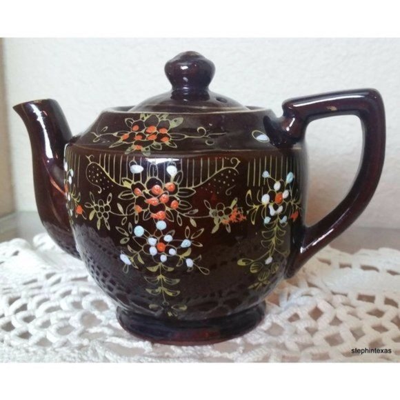 UNBRANDED Other - Antqiue Occupied Japan Teapot Brown Glazed Ceramic Hand Painted Flowers